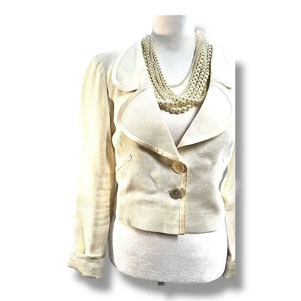 VALENTINO Vintage Ivory Linen Crop Blazer with silk trim SZ 4
